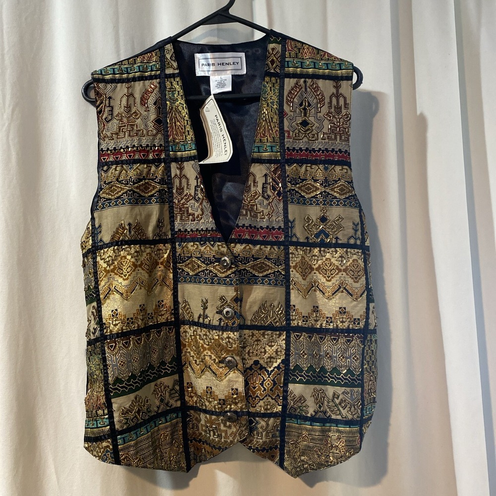 Vtg Paris Henley Ornate Beaded Patchwork Cotton Vest L NWT Art Boho Anthro